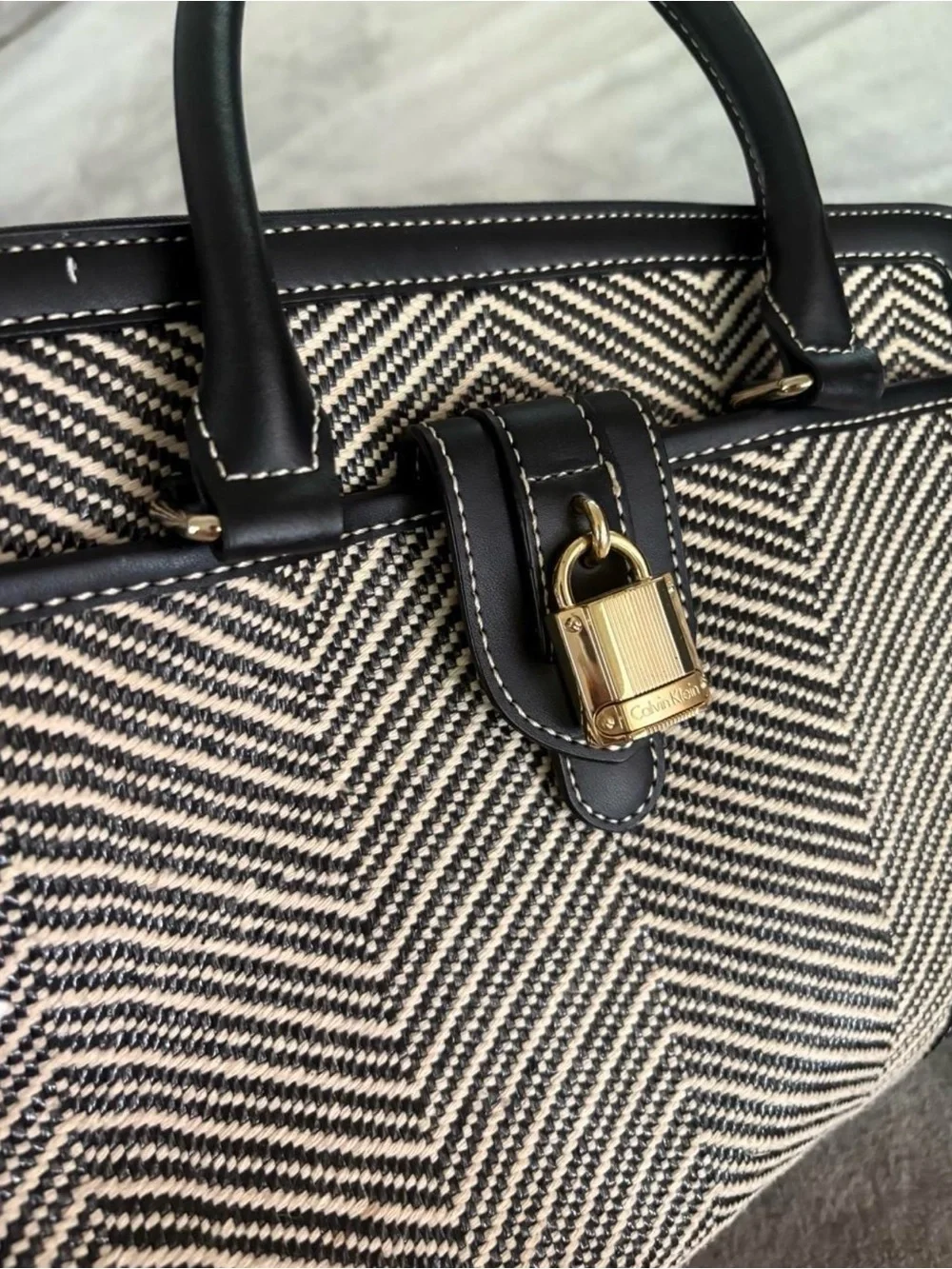 Calvin Klein Black & Cream Chevron Tote with Gold Accent